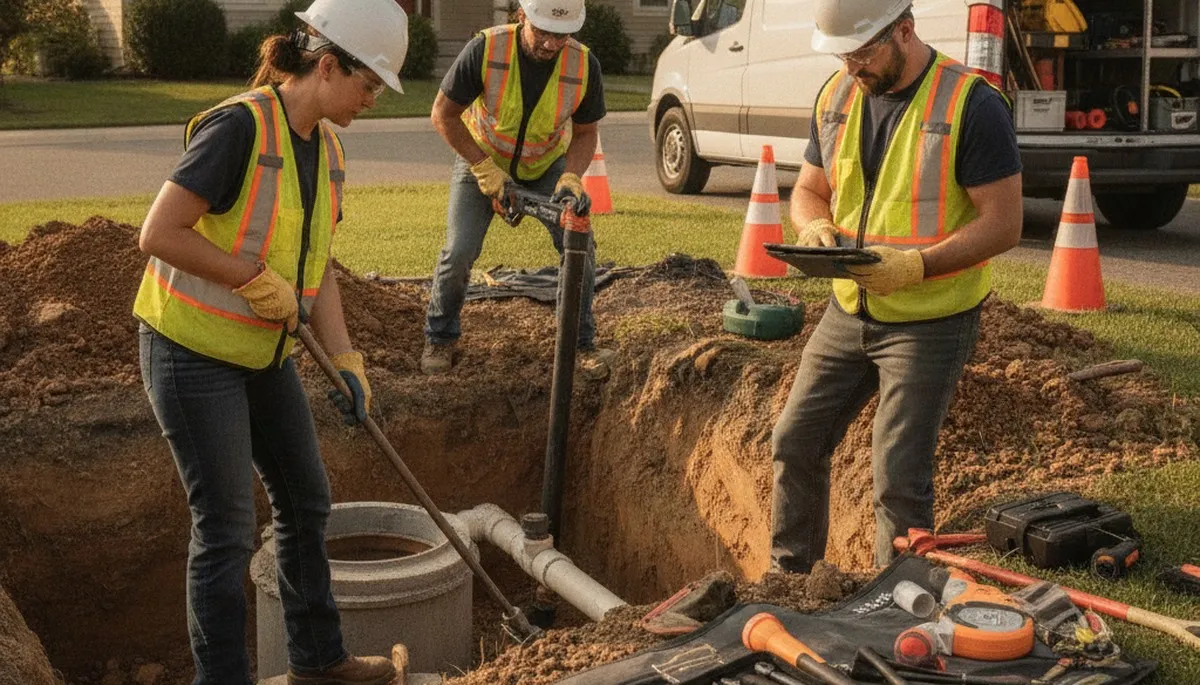 Septic repair plumber inspecting Kansas City, KS home system for seasonal service issues