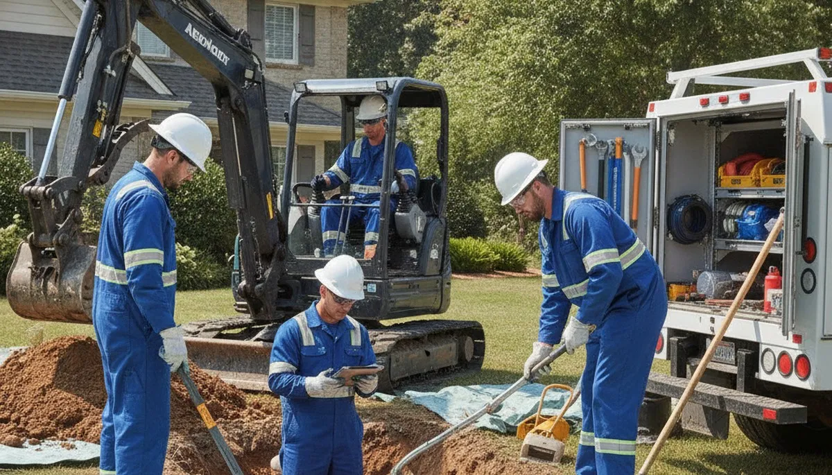 Septic repair technician inspecting Kansas City, KS home septic system for leaks and winter damage