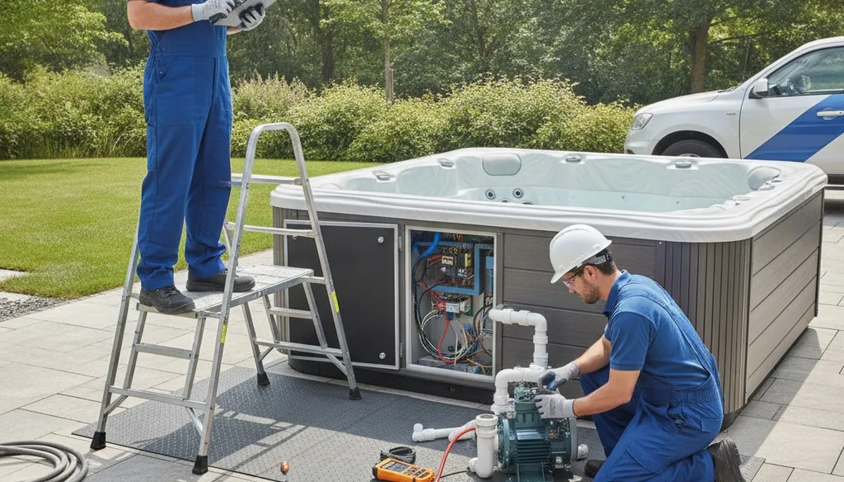 Spa repair technician servicing home spa plumbing in Kansas City, KS