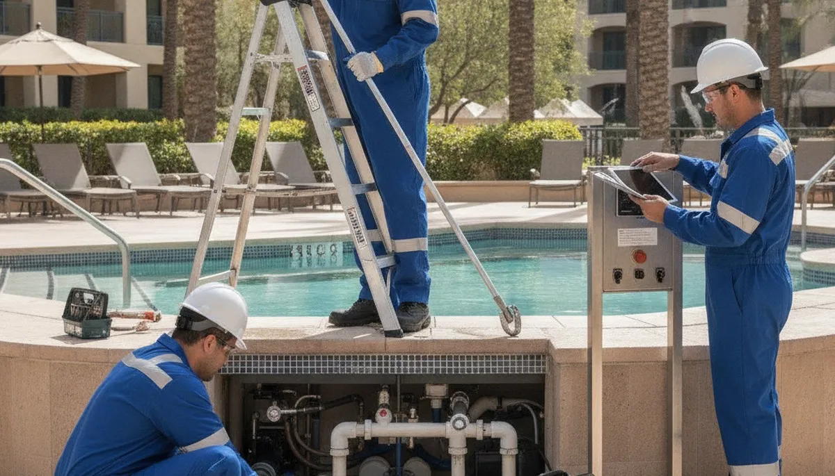 Spa repair technician servicing a home spa in Kansas City, KS