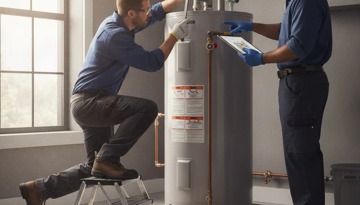 Water heater repair technician servicing a unit for a Kansas City, KS home